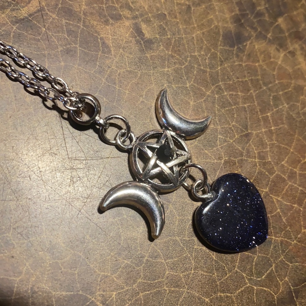 Triple Moon Goddess Pentagram Silver Pendant Necklace Black Glitter Heart Hecate